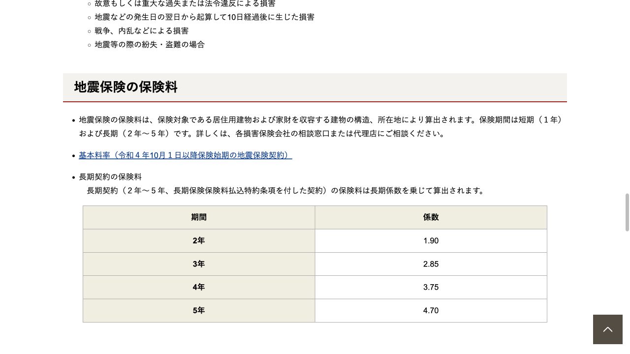財務省が示す地震保険の2年から5年の長期係数。5年契約は4.70