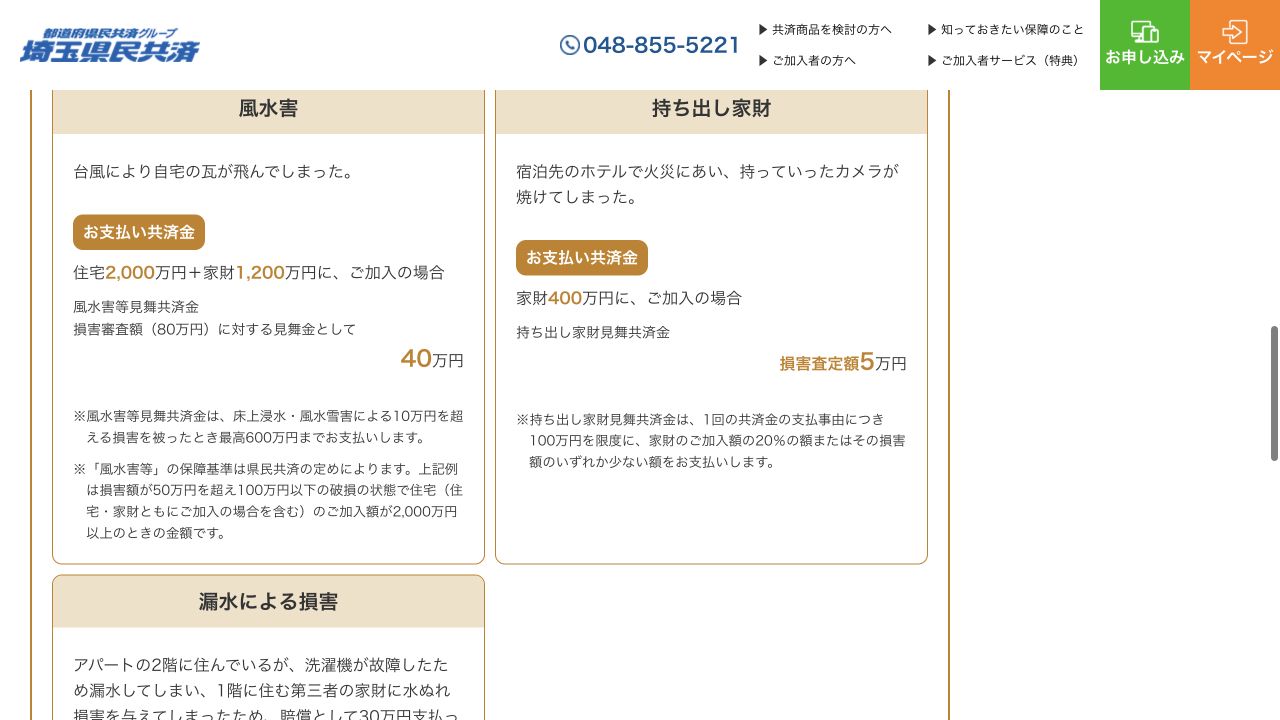 埼玉県民共済の公式支払例。台風の損害審査額80万円に対し見舞共済金40万円を示す