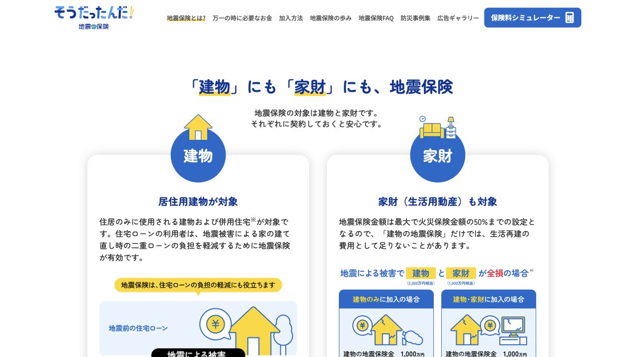 日本損害保険協会による建物と家財それぞれの地震保険の案内